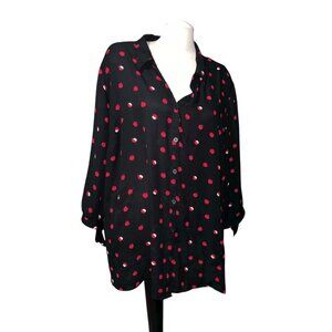 Catherines Womens Black Button-Down Shirt Size 3XL Red Apple Print Relaxed Fit 1